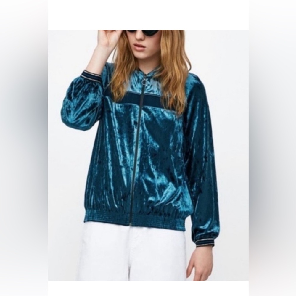 Zara Velvet Velour Bomber Jacket Teal Small